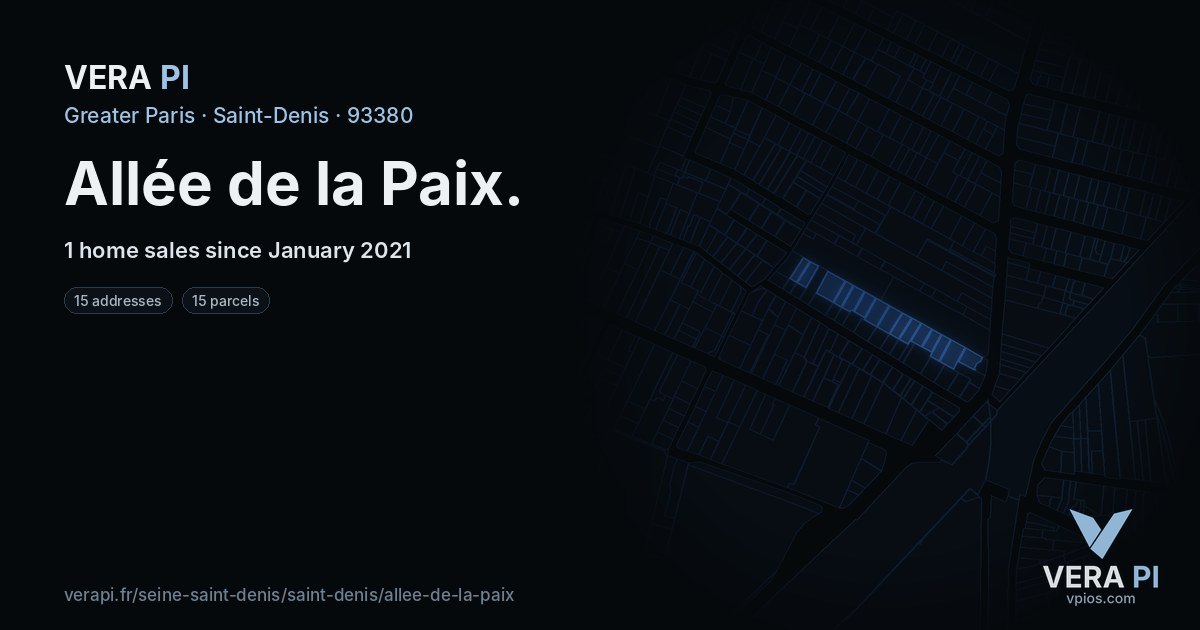 Allée de la Paix, Saint-Denis at night – every parcel coloured by the prices around it, the street's own parcels lit