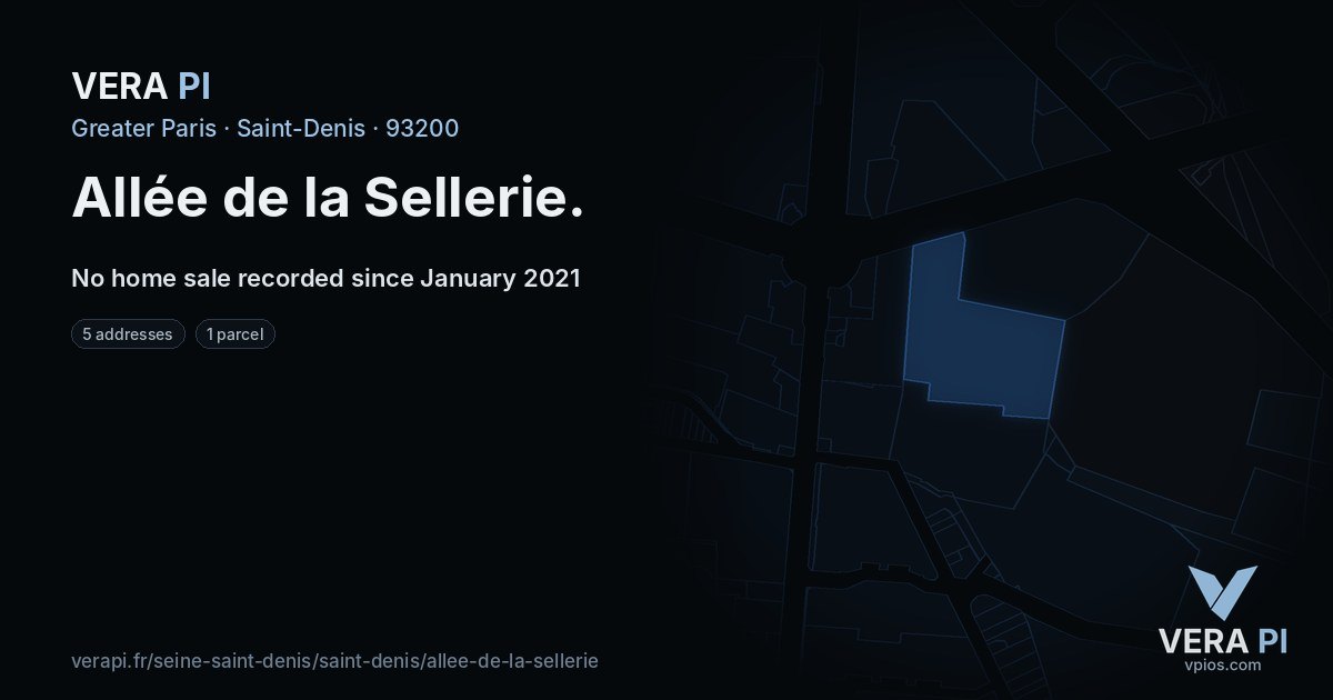 Allée de la Sellerie, Saint-Denis at night – every parcel coloured by the prices around it, the street's own parcels lit