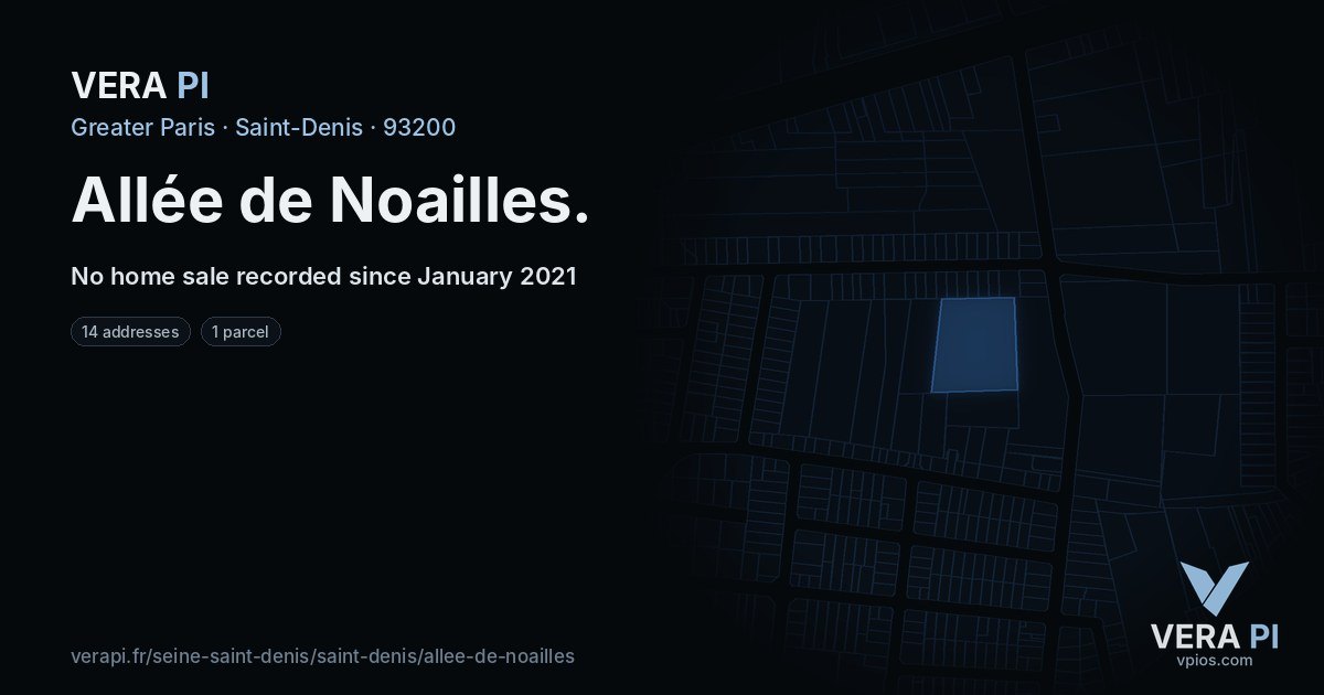Allée de Noailles, Saint-Denis at night – every parcel coloured by the prices around it, the street's own parcels lit