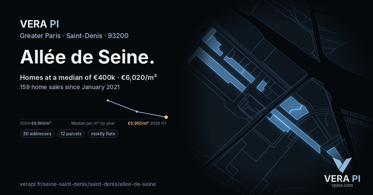 Allée de Seine, Saint-Denis at night – every parcel coloured by the prices around it, the street's own parcels lit