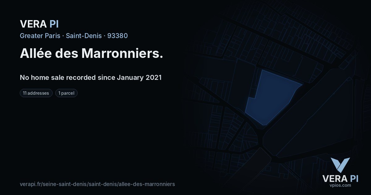 Allée des Marronniers, Saint-Denis at night – every parcel coloured by the prices around it, the street's own parcels lit