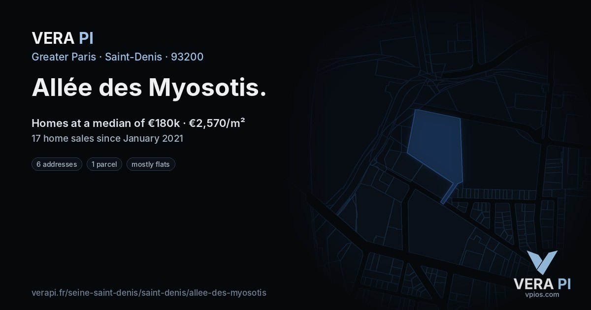 Allée des Myosotis, Saint-Denis at night – every parcel coloured by the prices around it, the street's own parcels lit