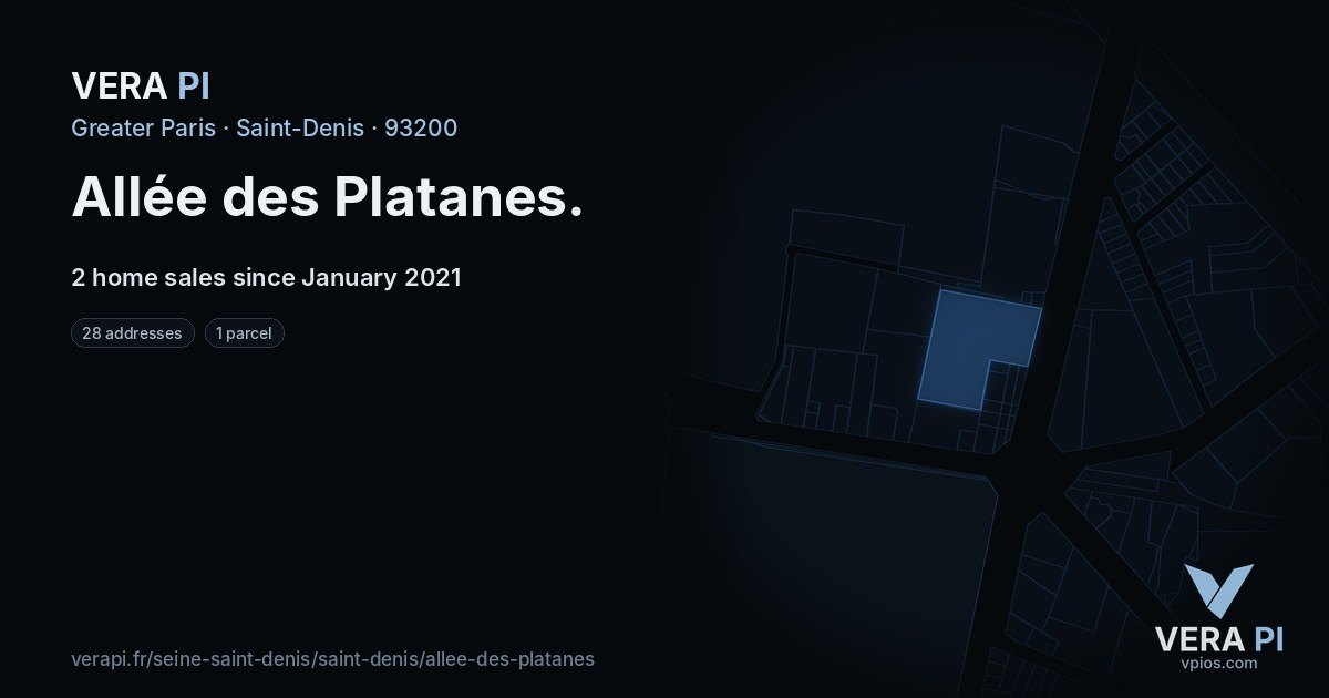 Allée des Platanes, Saint-Denis at night – every parcel coloured by the prices around it, the street's own parcels lit