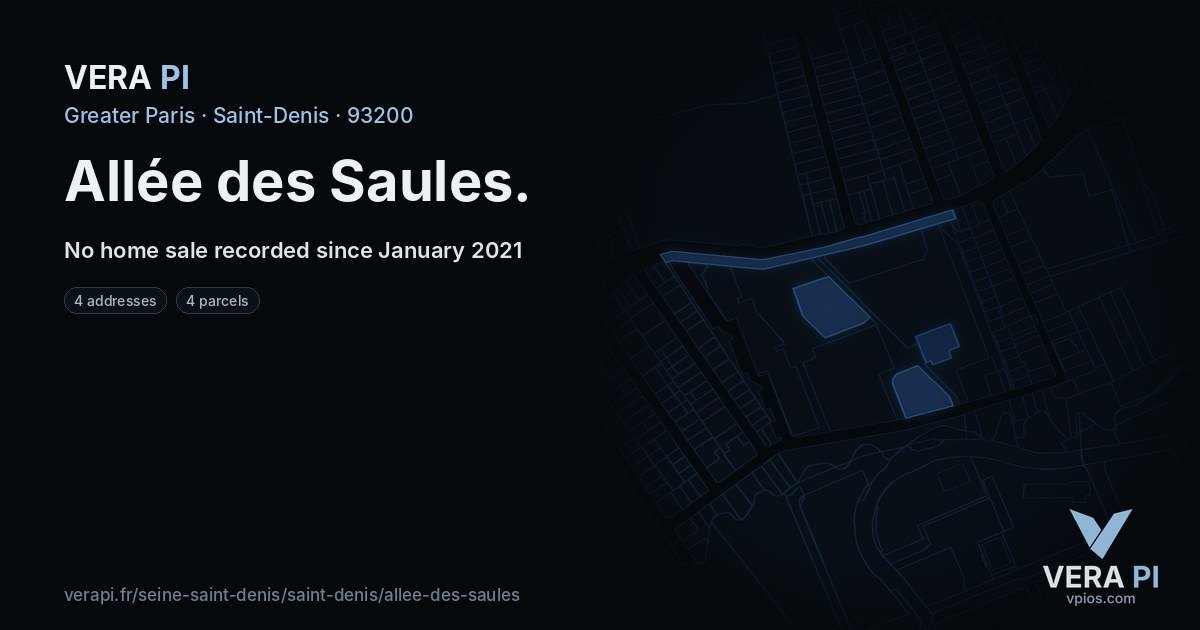 Allée des Saules, Saint-Denis at night – every parcel coloured by the prices around it, the street's own parcels lit