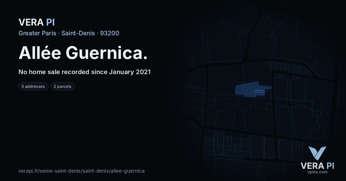 Allée Guernica, Saint-Denis at night – every parcel coloured by the prices around it, the street's own parcels lit