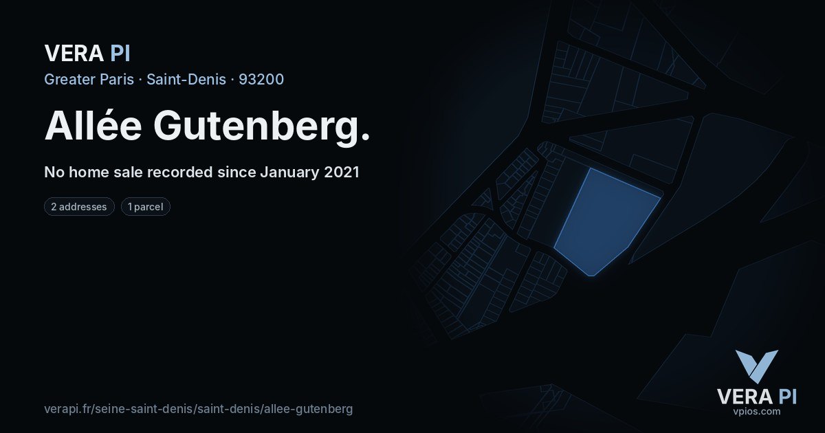 Allée Gutenberg, Saint-Denis at night – every parcel coloured by the prices around it, the street's own parcels lit