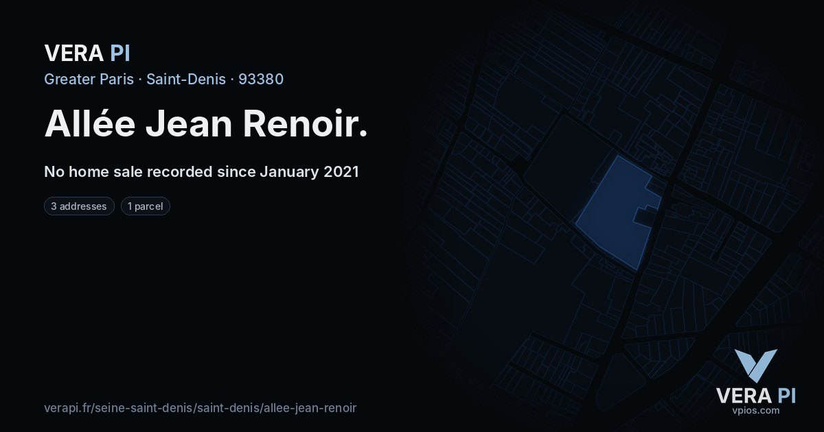 Allée Jean Renoir, Saint-Denis at night – every parcel coloured by the prices around it, the street's own parcels lit