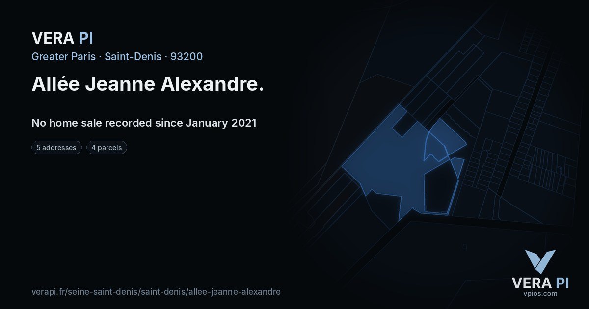 Allée Jeanne Alexandre, Saint-Denis at night – every parcel coloured by the prices around it, the street's own parcels lit