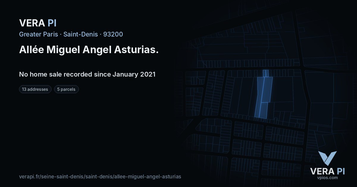 Allée Miguel Angel Asturias, Saint-Denis at night – every parcel coloured by the prices around it, the street's own parcels lit