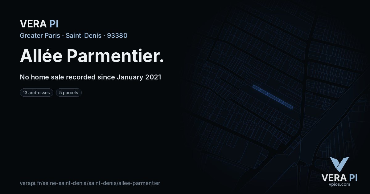 Allée Parmentier, Saint-Denis at night – every parcel coloured by the prices around it, the street's own parcels lit