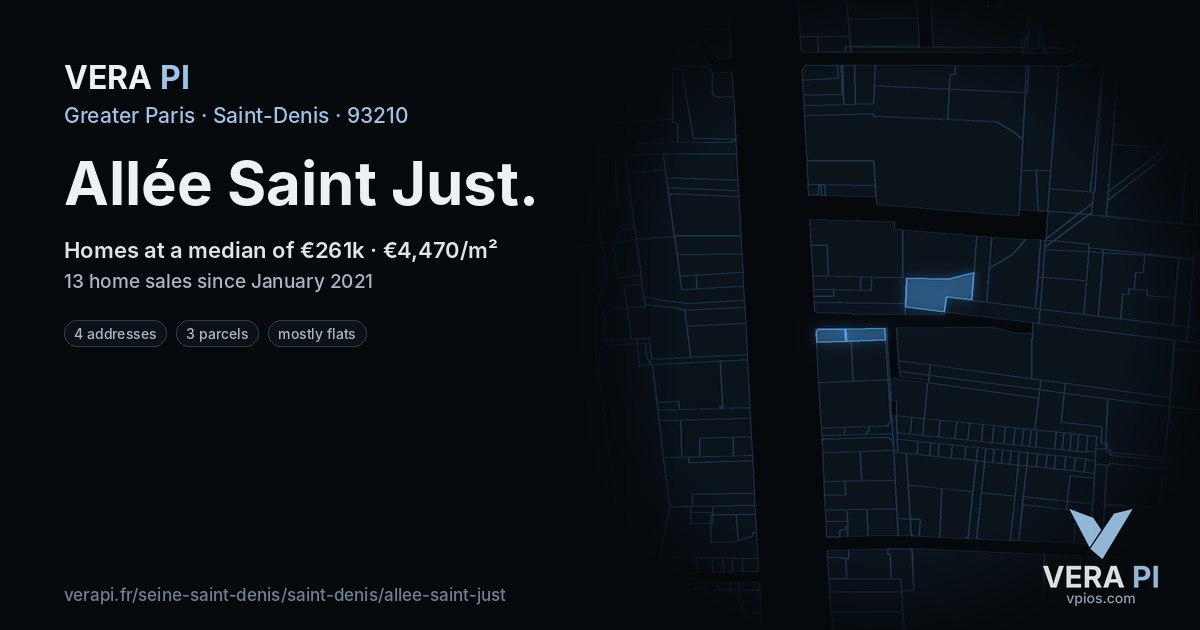 Allée Saint Just, Saint-Denis at night – every parcel coloured by the prices around it, the street's own parcels lit