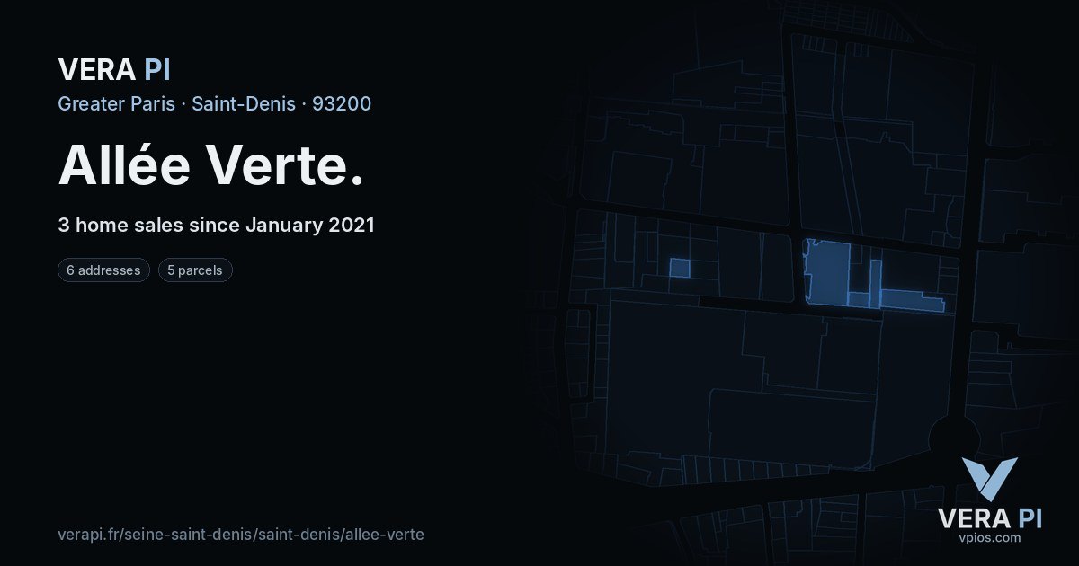 Allée Verte, Saint-Denis at night – every parcel coloured by the prices around it, the street's own parcels lit