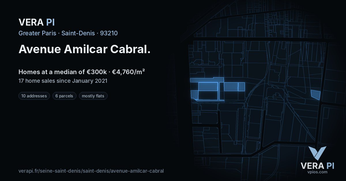 Avenue Amilcar Cabral, Saint-Denis at night – every parcel coloured by the prices around it, the street's own parcels lit