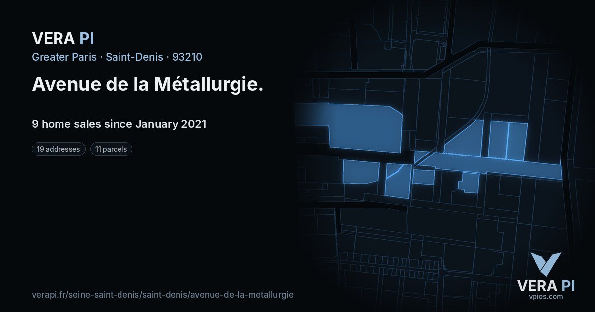 Avenue de la Métallurgie, Saint-Denis at night – every parcel coloured by the prices around it, the street's own parcels lit