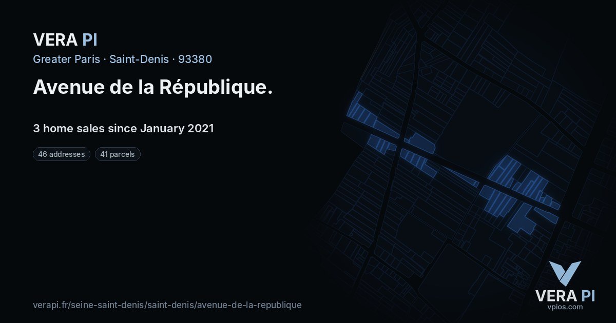 Avenue de la République, Saint-Denis at night – every parcel coloured by the prices around it, the street's own parcels lit