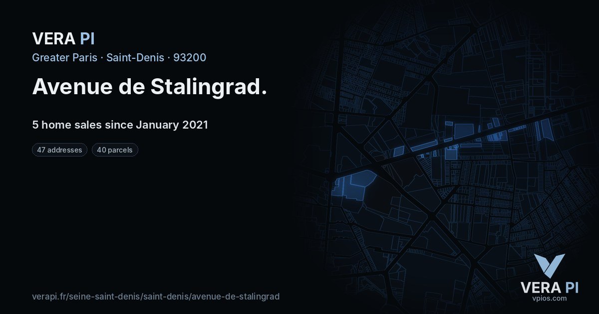 Avenue de Stalingrad, Saint-Denis at night – every parcel coloured by the prices around it, the street's own parcels lit