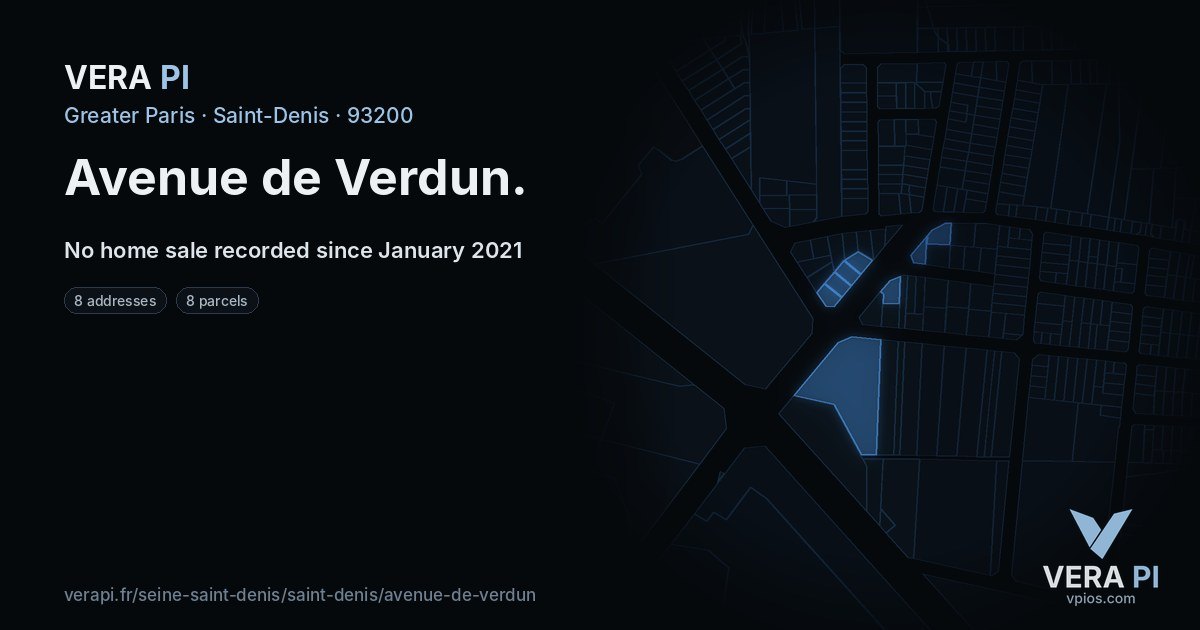 Avenue de Verdun, Saint-Denis at night – every parcel coloured by the prices around it, the street's own parcels lit