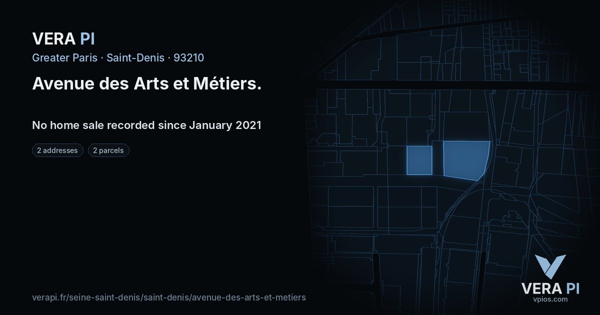 Avenue des Arts et Métiers, Saint-Denis at night – every parcel coloured by the prices around it, the street's own parcels lit