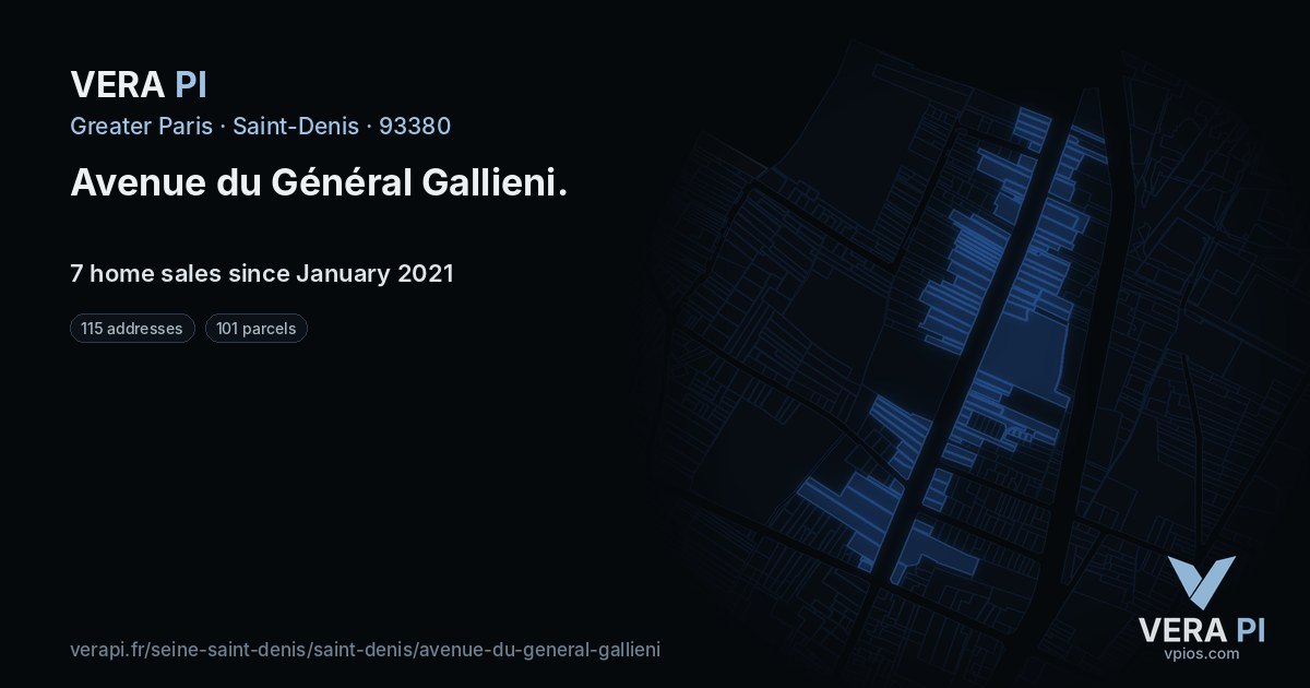 Avenue du Général Gallieni, Saint-Denis at night – every parcel coloured by the prices around it, the street's own parcels lit