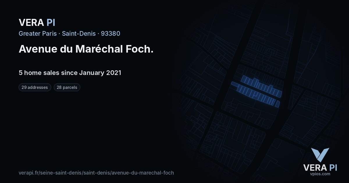 Avenue du Maréchal Foch, Saint-Denis at night – every parcel coloured by the prices around it, the street's own parcels lit
