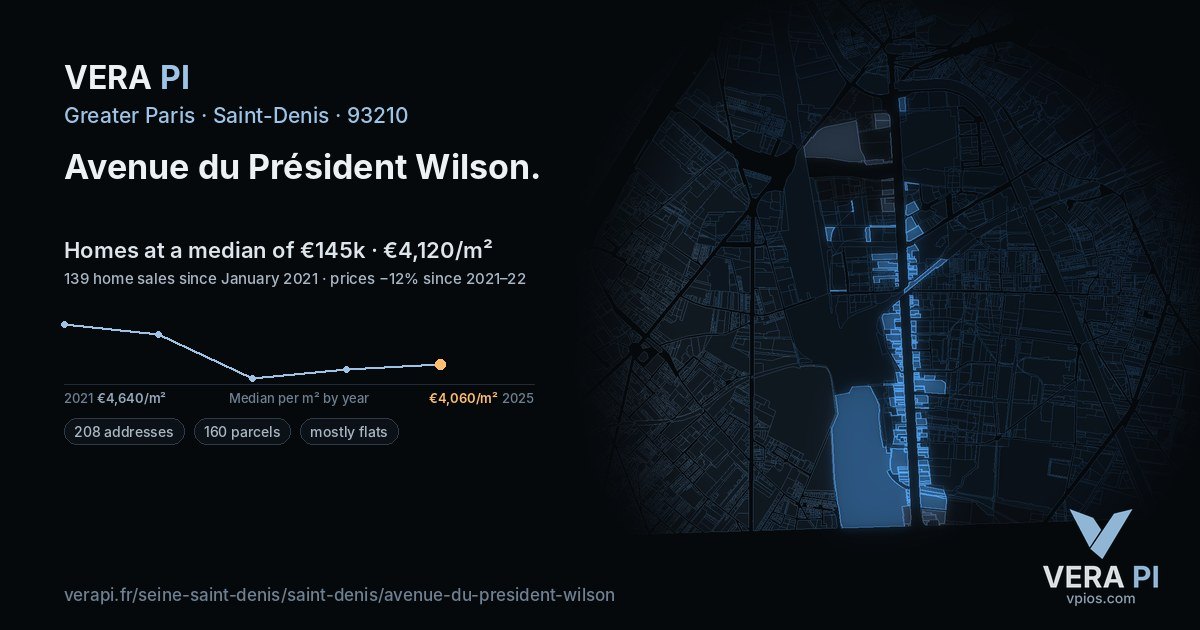 Avenue du Président Wilson, Saint-Denis at night – every parcel coloured by the prices around it, the street's own parcels lit