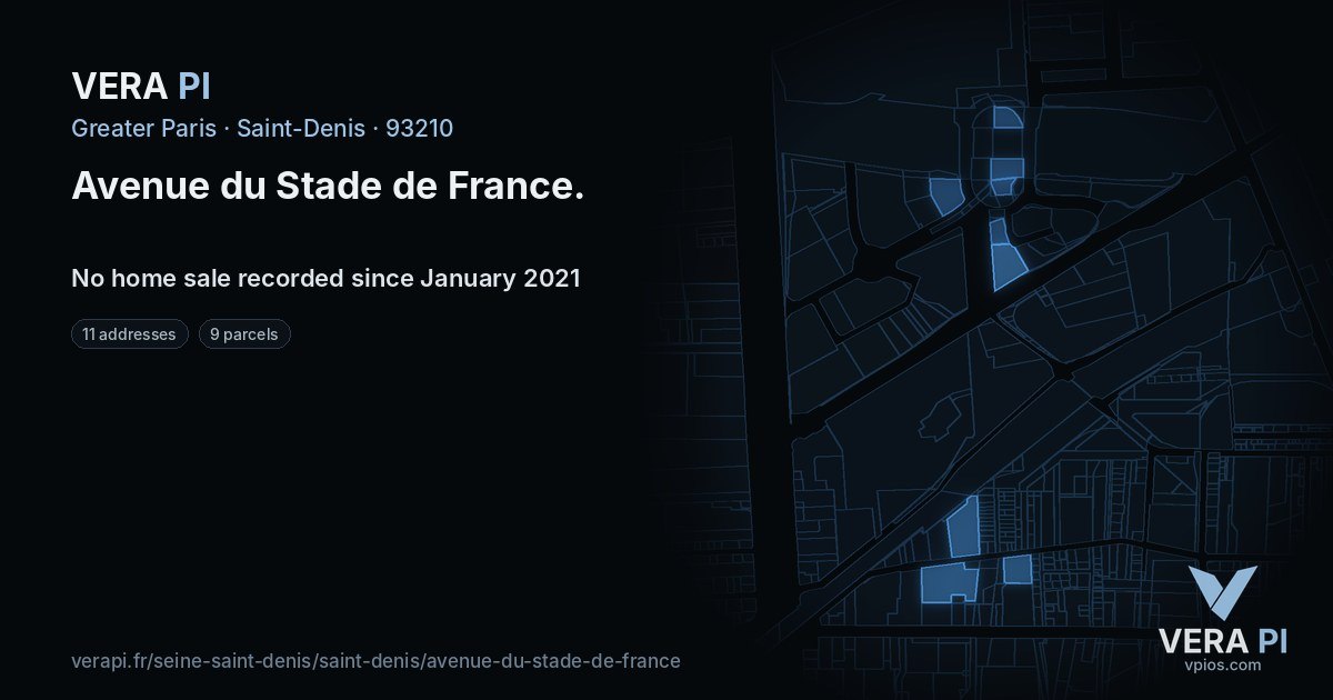 Avenue du Stade de France, Saint-Denis at night – every parcel coloured by the prices around it, the street's own parcels lit