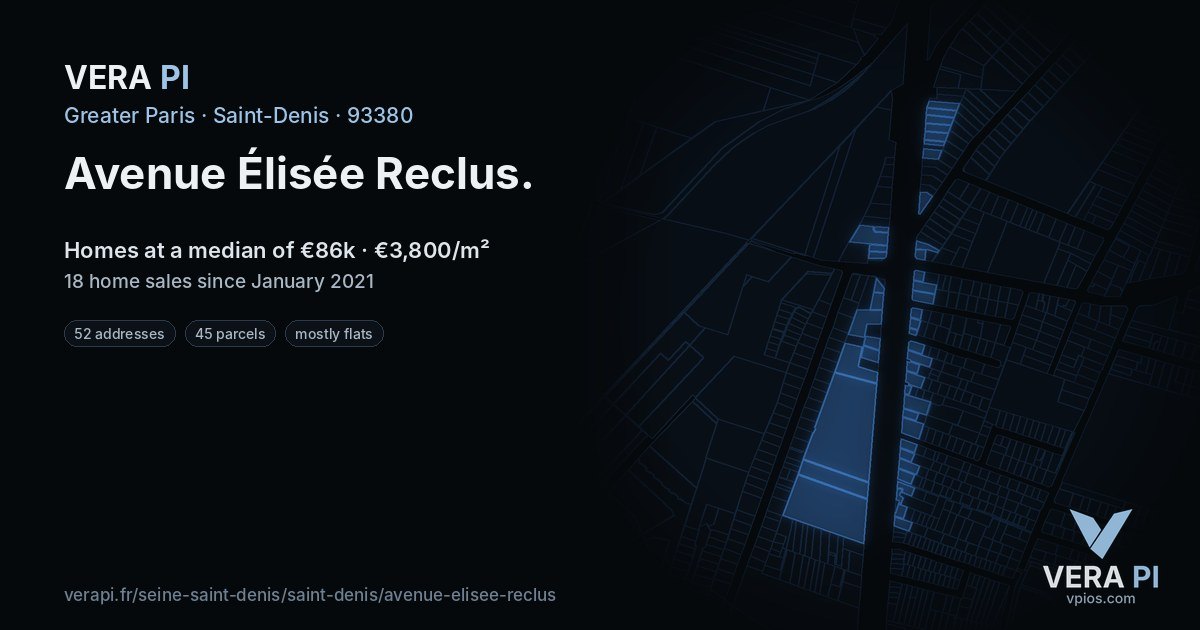Avenue Élisée Reclus, Saint-Denis at night – every parcel coloured by the prices around it, the street's own parcels lit
