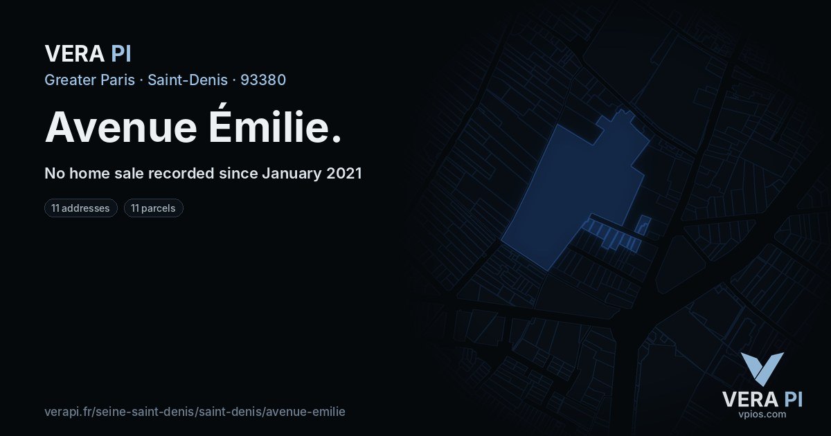 Avenue Émilie, Saint-Denis at night – every parcel coloured by the prices around it, the street's own parcels lit