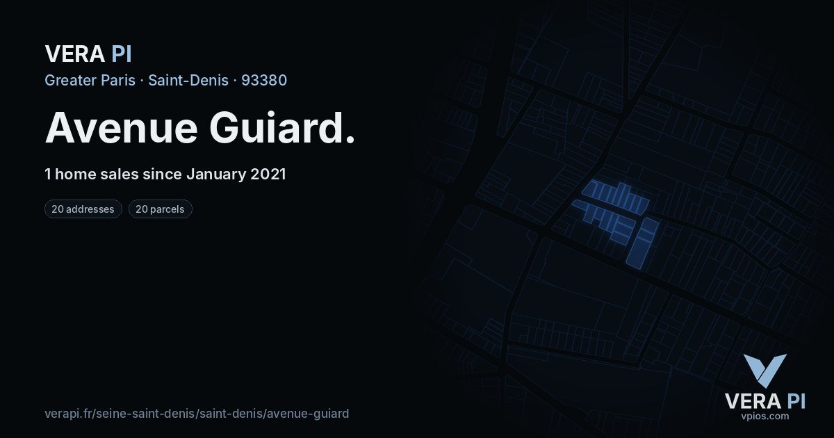 Avenue Guiard, Saint-Denis at night – every parcel coloured by the prices around it, the street's own parcels lit