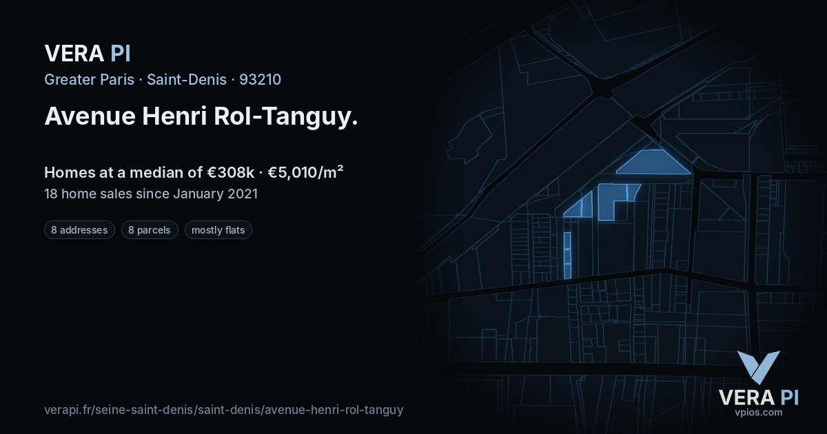 Avenue Henri Rol-Tanguy, Saint-Denis at night – every parcel coloured by the prices around it, the street's own parcels lit