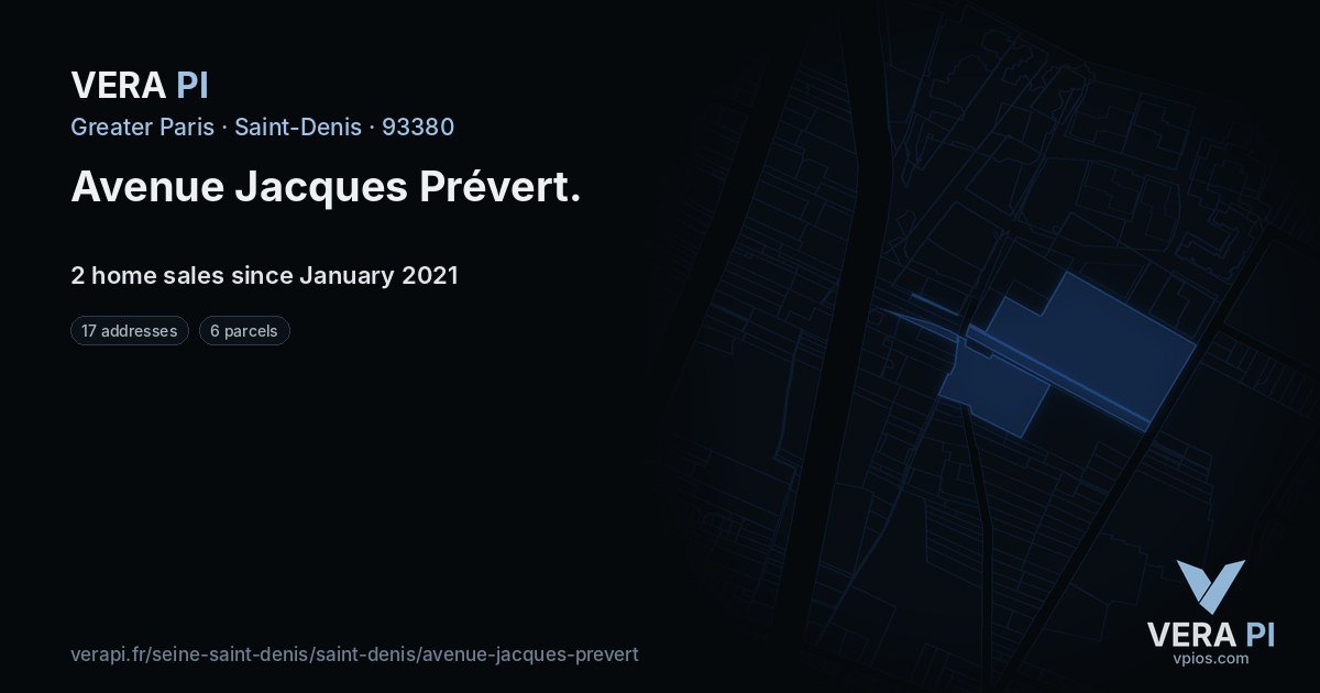 Avenue Jacques Prévert, Saint-Denis at night – every parcel coloured by the prices around it, the street's own parcels lit