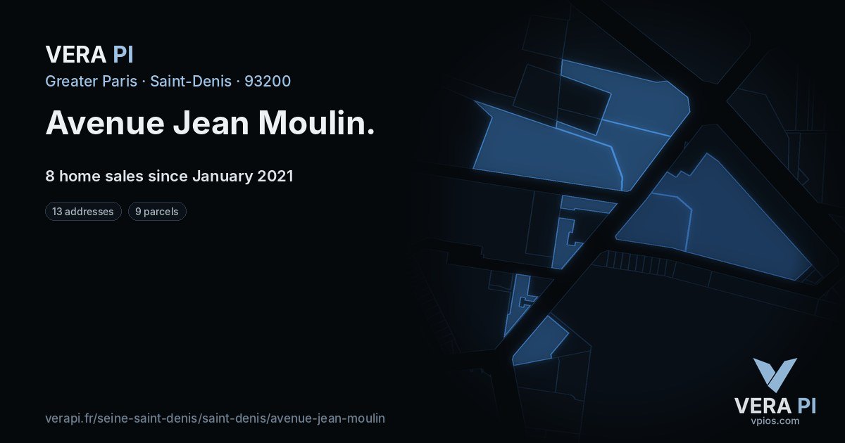 Avenue Jean Moulin, Saint-Denis at night – every parcel coloured by the prices around it, the street's own parcels lit