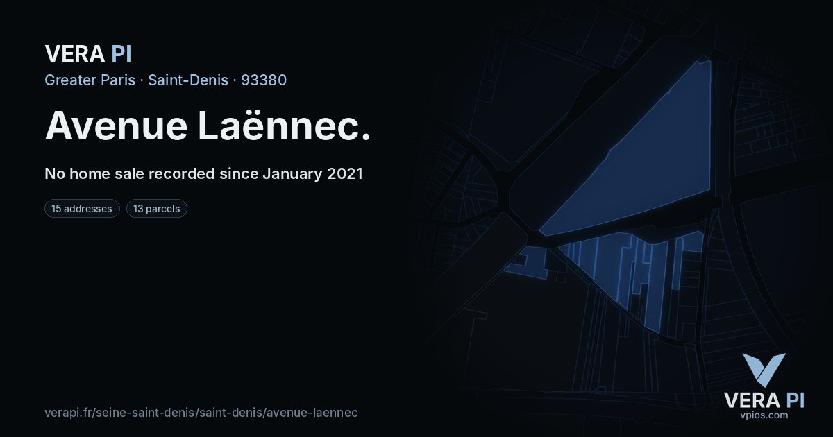 Avenue Laënnec, Saint-Denis at night – every parcel coloured by the prices around it, the street's own parcels lit