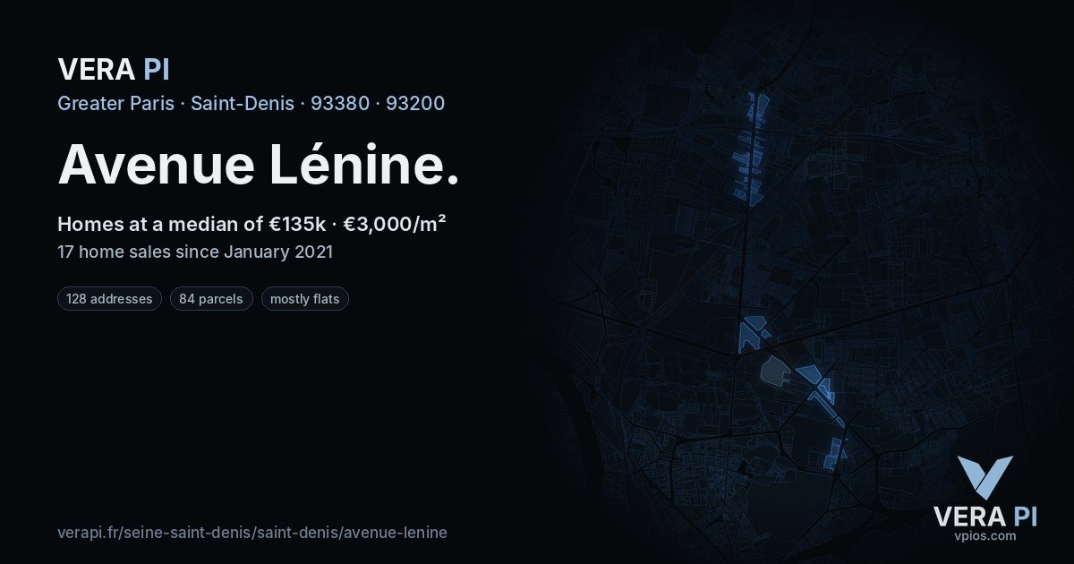 Avenue Lénine, Saint-Denis at night – every parcel coloured by the prices around it, the street's own parcels lit