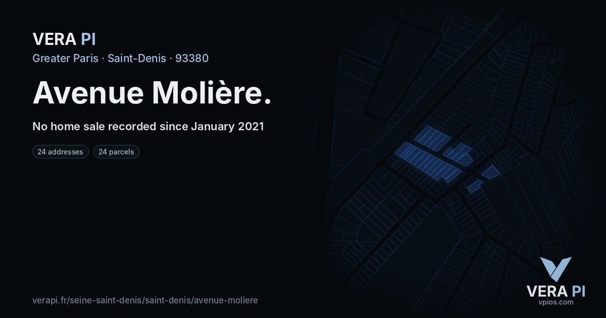 Avenue Molière, Saint-Denis at night – every parcel coloured by the prices around it, the street's own parcels lit