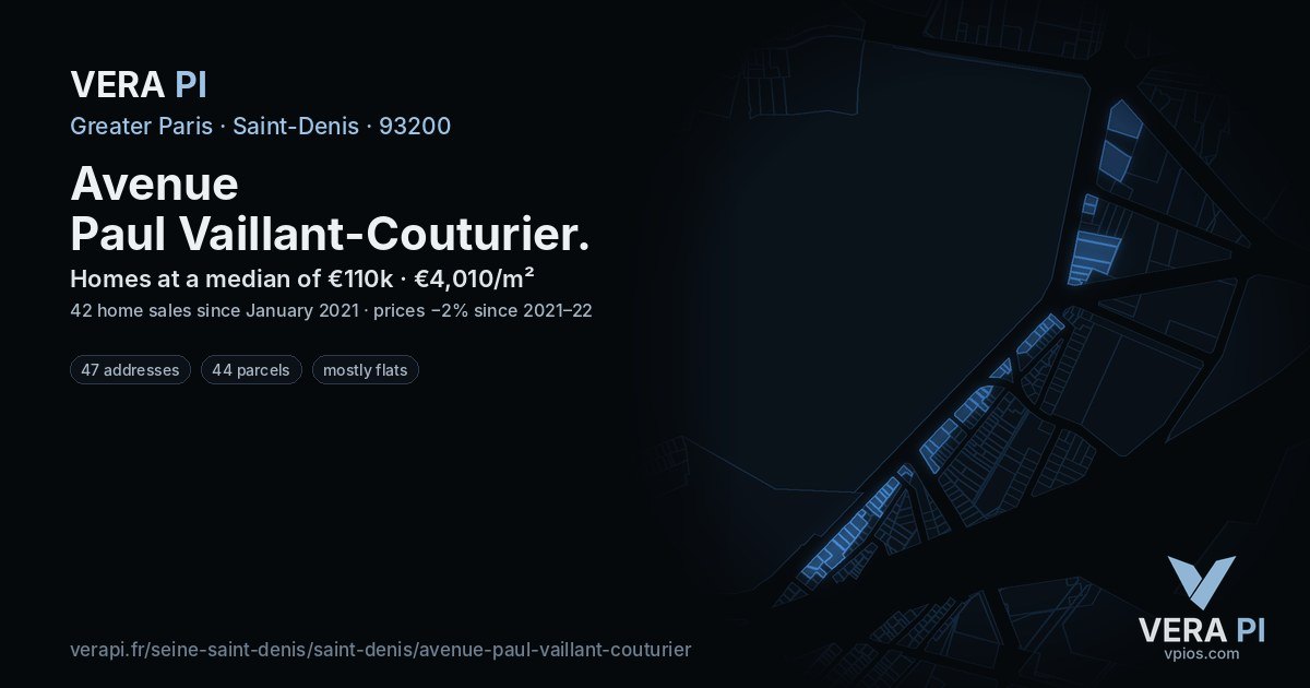 Avenue Paul Vaillant-Couturier, Saint-Denis at night – every parcel coloured by the prices around it, the street's own parcels lit