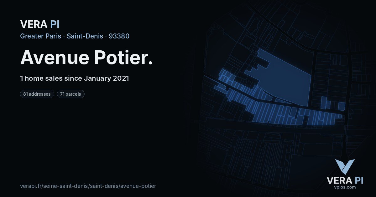 Avenue Potier, Saint-Denis at night – every parcel coloured by the prices around it, the street's own parcels lit