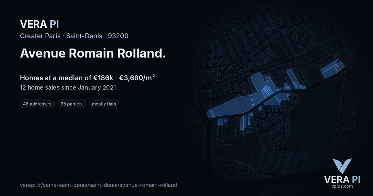 Avenue Romain Rolland, Saint-Denis at night – every parcel coloured by the prices around it, the street's own parcels lit