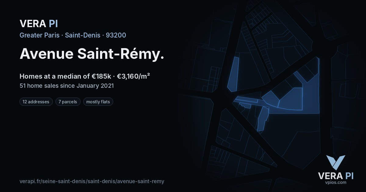 Avenue Saint-Rémy, Saint-Denis at night – every parcel coloured by the prices around it, the street's own parcels lit