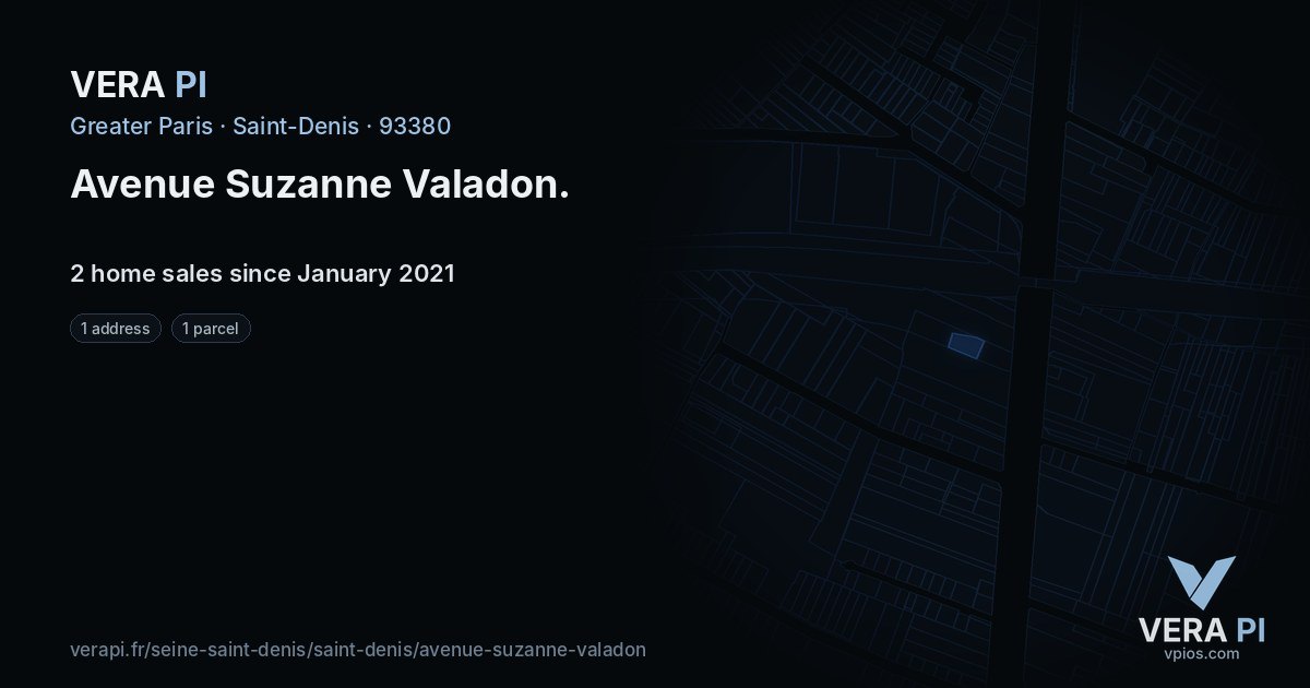 Avenue Suzanne Valadon, Saint-Denis at night – every parcel coloured by the prices around it, the street's own parcels lit