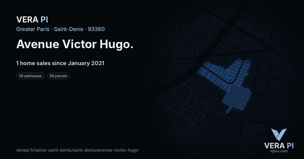 Avenue Victor Hugo, Saint-Denis at night – every parcel coloured by the prices around it, the street's own parcels lit