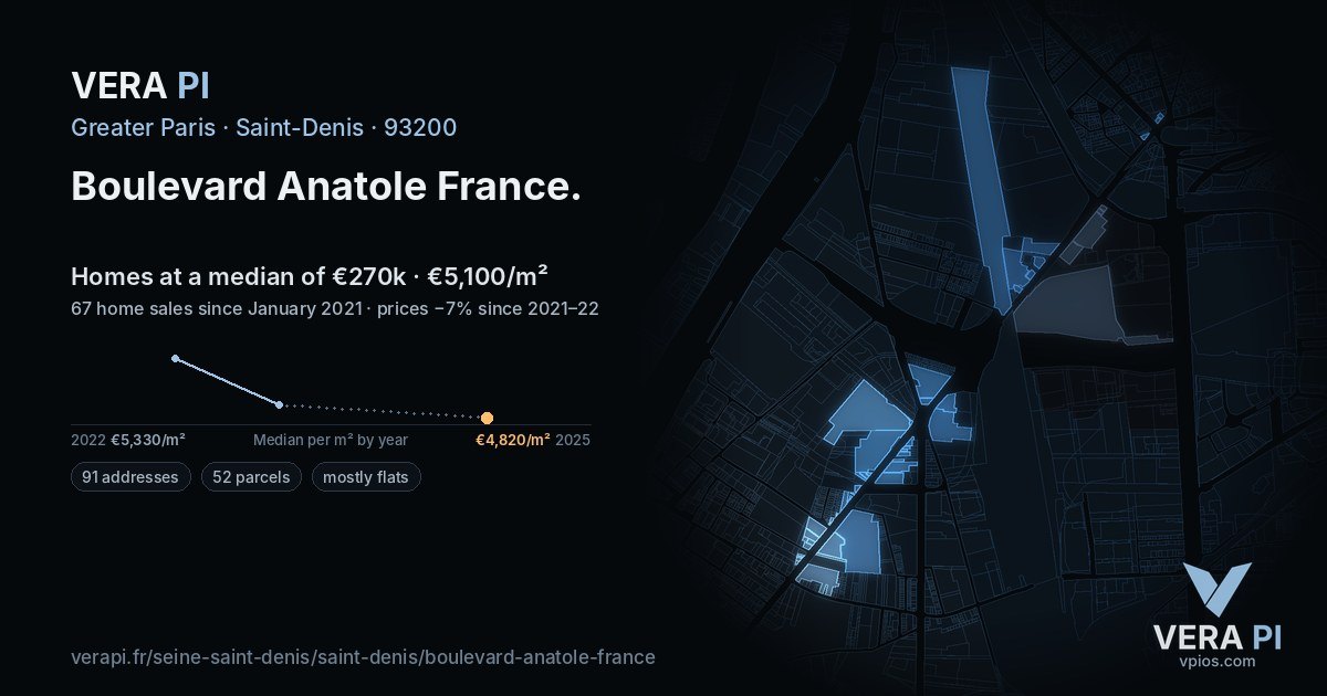 Boulevard Anatole France, Saint-Denis at night – every parcel coloured by the prices around it, the street's own parcels lit