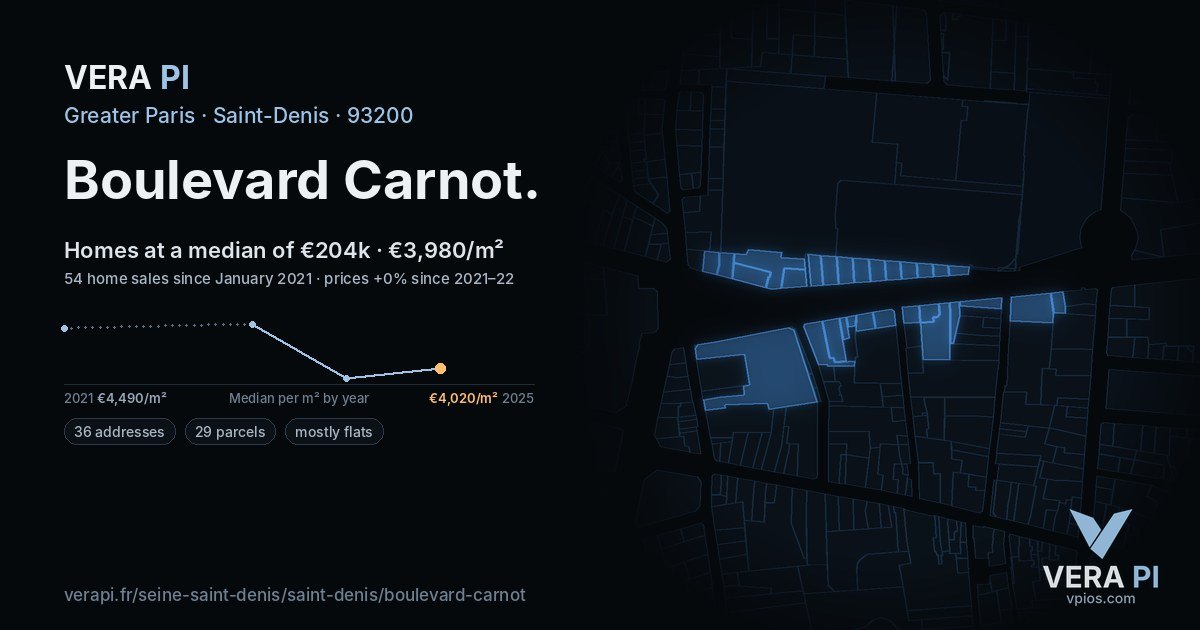Boulevard Carnot, Saint-Denis at night – every parcel coloured by the prices around it, the street's own parcels lit