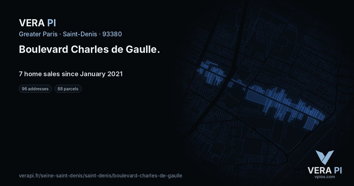 Boulevard Charles de Gaulle, Saint-Denis at night – every parcel coloured by the prices around it, the street's own parcels lit