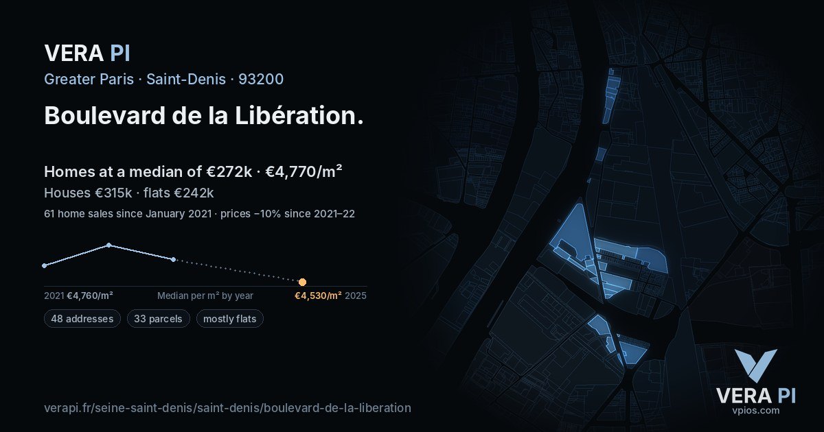 Boulevard de la Libération, Saint-Denis at night – every parcel coloured by the prices around it, the street's own parcels lit