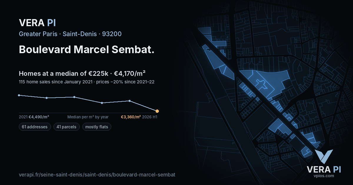 Boulevard Marcel Sembat, Saint-Denis at night – every parcel coloured by the prices around it, the street's own parcels lit