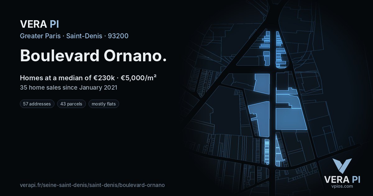 Boulevard Ornano, Saint-Denis at night – every parcel coloured by the prices around it, the street's own parcels lit