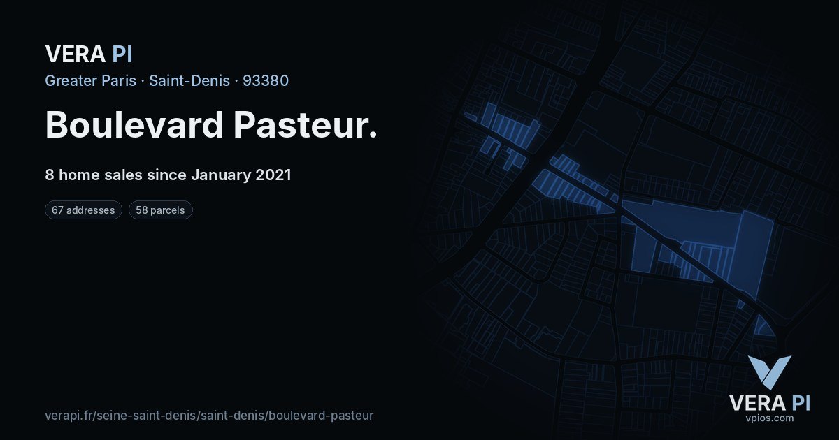 Boulevard Pasteur, Saint-Denis at night – every parcel coloured by the prices around it, the street's own parcels lit