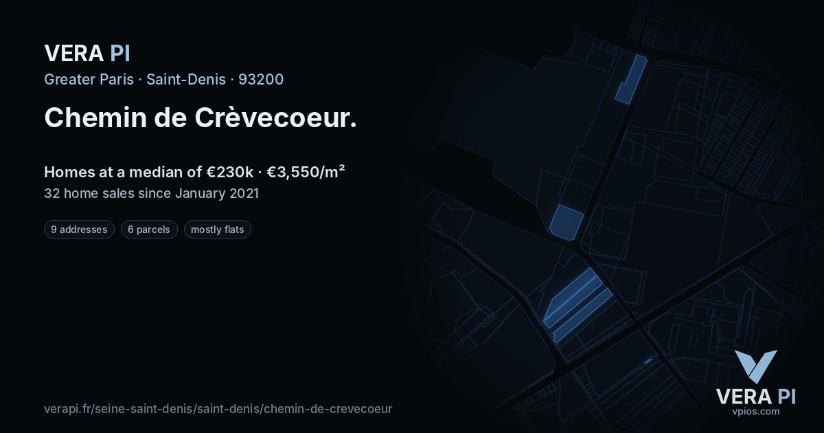 Chemin de Crèvecoeur, Saint-Denis at night – every parcel coloured by the prices around it, the street's own parcels lit