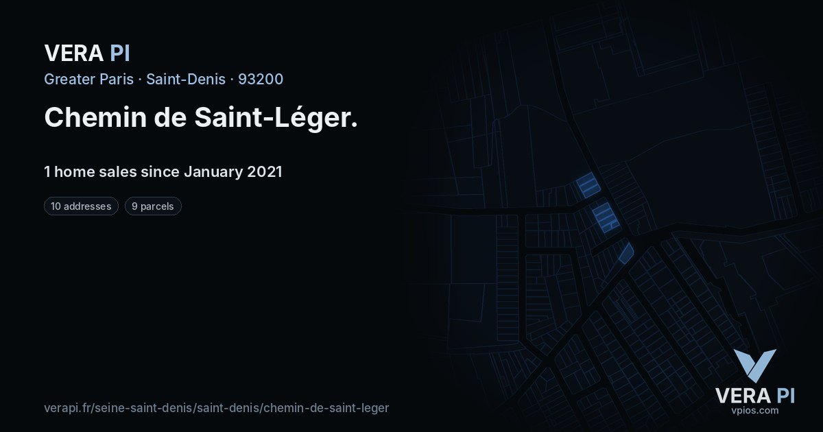 Chemin de Saint-Léger, Saint-Denis at night – every parcel coloured by the prices around it, the street's own parcels lit